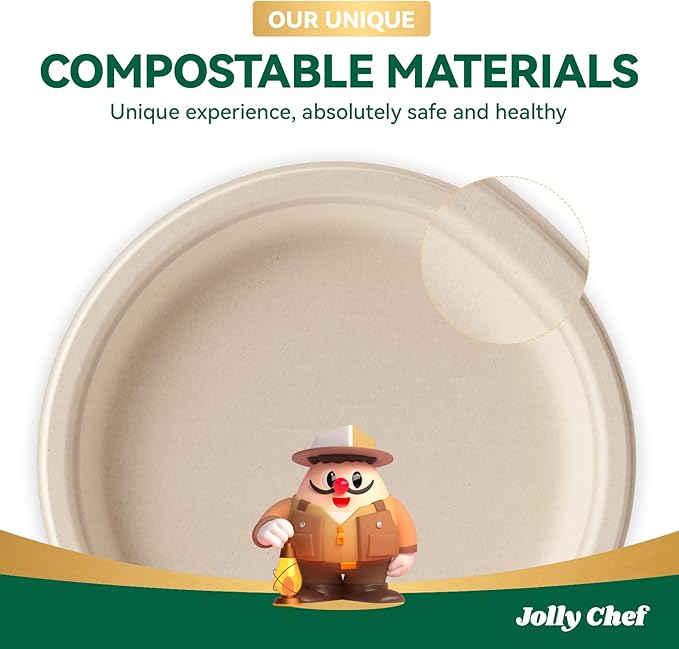 JOLLY CHEF Compostable Heavy Duty Plates 𝟭𝟬 𝗜𝗻𝗰𝗵 [𝟯𝟬𝟬 𝗣𝗮𝗰𝗸] Eco-Friendly Disposable Paper Plates Made of Bagasse Biodegradable Bulk for Party Dinner Sugarcane Thanksgiving Day (Natural)