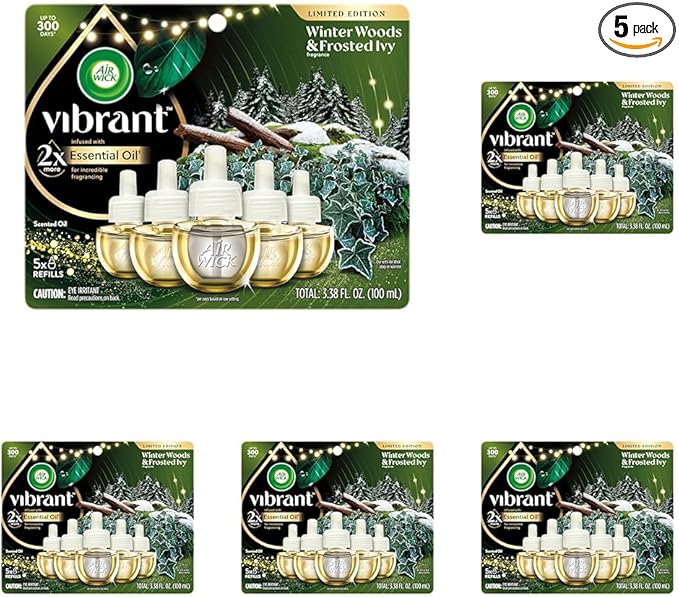 Air Wick Vibrant Plug In Scented Oil Refill, Infused with Essential Oils, Plug In Air Fresheners for Home, Winter Woods & Frosted Ivy (Pack of 25)