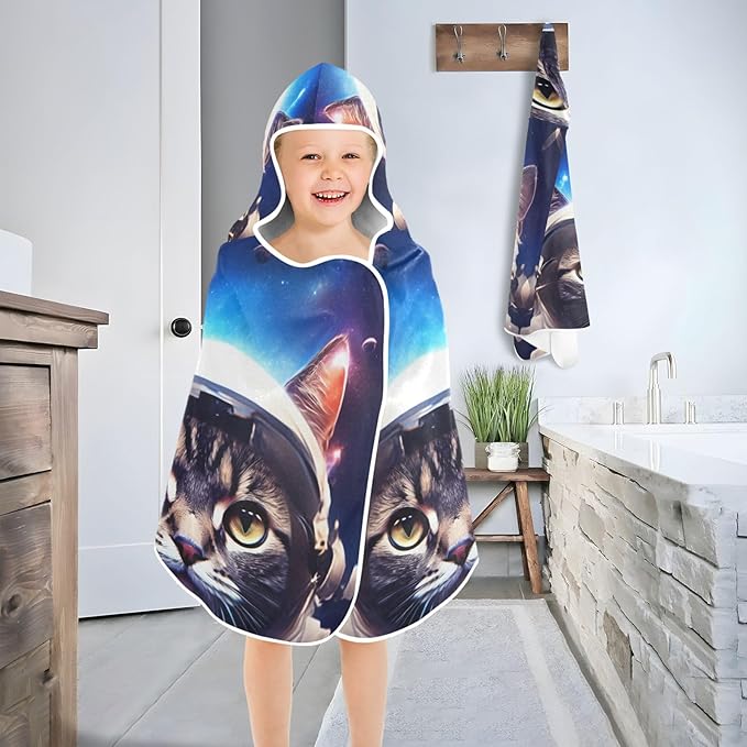 Hooded Towel for Kids Cat in an Astronaut Suit Beach Wrap Bath Towels 50x23.5in