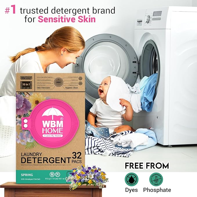 WBM Home Laundry Detergent Pods, Spring Fragrance Scent, 32 Count - HE Concentrated Laundry Pods with 10x Ultra Power Cleaning and 4D Laundry Stain Remover