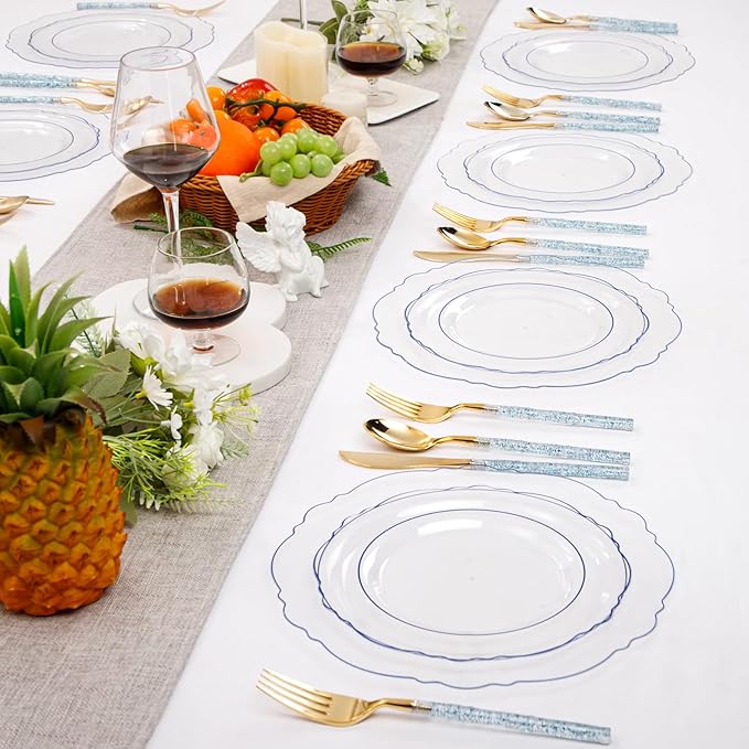 Liacere 150PCS Clear and Blue Plastic Plates-Clear and Blue Disposable Plates with Glitter Bamboo Handle Cutlery-60 Baroque Elegant Plates, 30 Forks, 30 Spoons, 30 Knives for Wedding&Party&Mothers Day