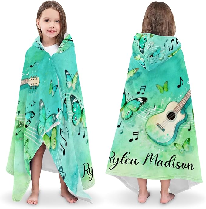 Music Guitar Butterfly Personalized Hooded Towel Absorbent Wrap Soft Pool Beach Bath Towels Hood Poncho for 5-12 Years Kids Boys Girls