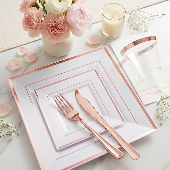 Festiva 350Pcs Rose Gold Plates and Napkins Party Supplies-Square White and Rose Gold Disposable Dinnerware include Plates Cups Cutlery Napkins for 50 Guests Wedding &Mother's Day&Birthday Party