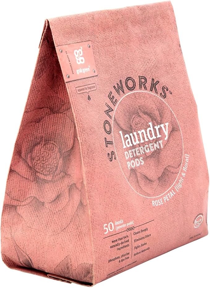 Grab Green Stoneworks Laundry Detergent Pods, 50 Count, Rose Petal Scent, Plant and Mineral Based, Cleans Deeply, Eliminates Odors, Fights Stains, Softens Naturally, Packaging May Vary