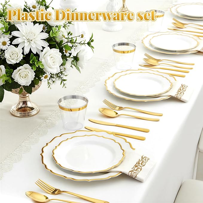 175 Plastic Dinnerware Set Gold Disposable Dinnerware Set for 25 Guests Include 50 Plastic Plates 25 Silverware Set 25 Cups and 25 Napkins for Party Wedding Birthday