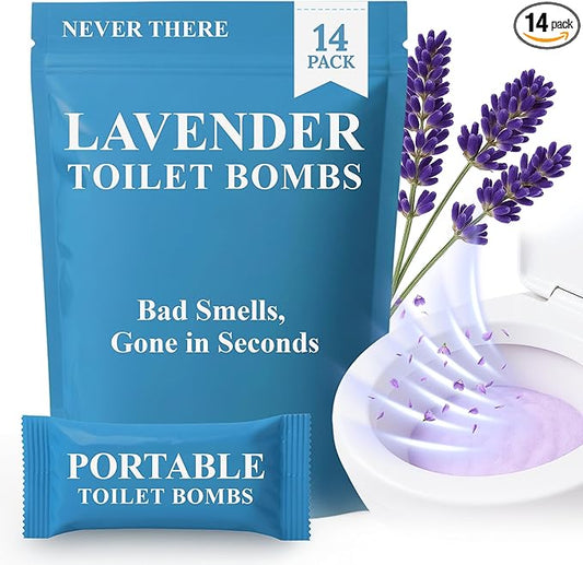 Never There Toilet Foam Bombs - 14 Count Discreet & Portable Lavender Scent Foaming Powder | On-The-Go Toilet Refresher for Bathroom Anxiety | Instantly Eliminates Odor, Sound & Stains