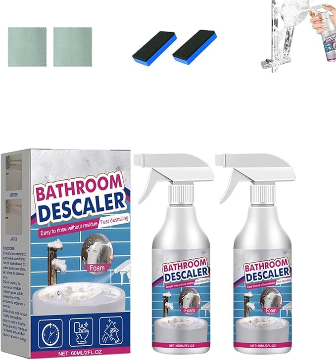 Bathroom Descaler Foam Cleaner, Stubborn Stains Cleaner Descaler Spray, for Bathtub, Toilet, Glass, Faucet, Sink, Powerful Stain & Limescale Remover, Fresh Scent (2PCS)