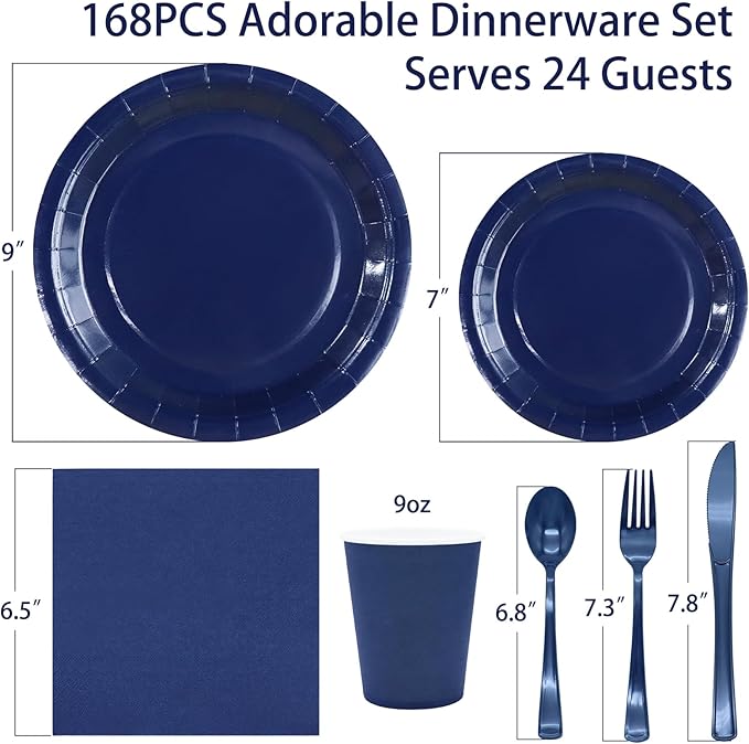 168Pcs Navy Blue Party Supplies for Navy Blue Party Decorations includes Paper Plates and Napkins Cups Utensils,Blue Disposable Plates Set for Boy Baptism Birthday Graduation Serve 24 Guests