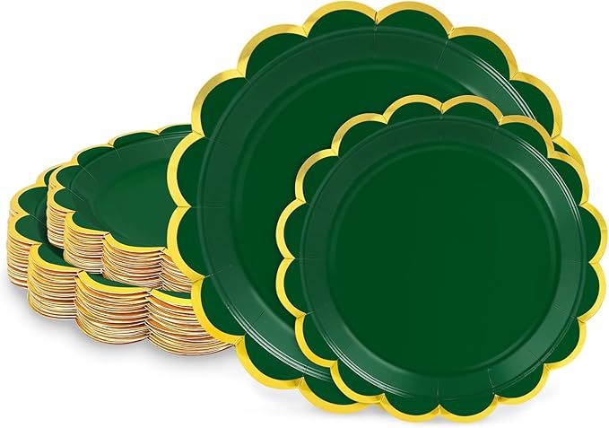 50 Pcs Dark Green Paper Plates, 25 Pcs 9" and 25 Pcs 7" Disposable Christmas Scalloped Plates with Gold Foil for Graduation Wedding Baby Shower Birthday Party Picnic BBQ