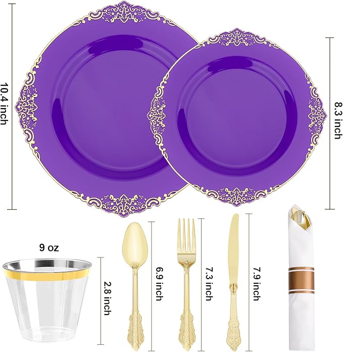 Realluck 350 PCS Purple and Gold Plastic Plates, Plastic Dinnerware Set for 50 Guests, 100 Disposable Plates, 150 Silverwares, 50 Cups, 50 Napkins for Party, Wedding, Graduation