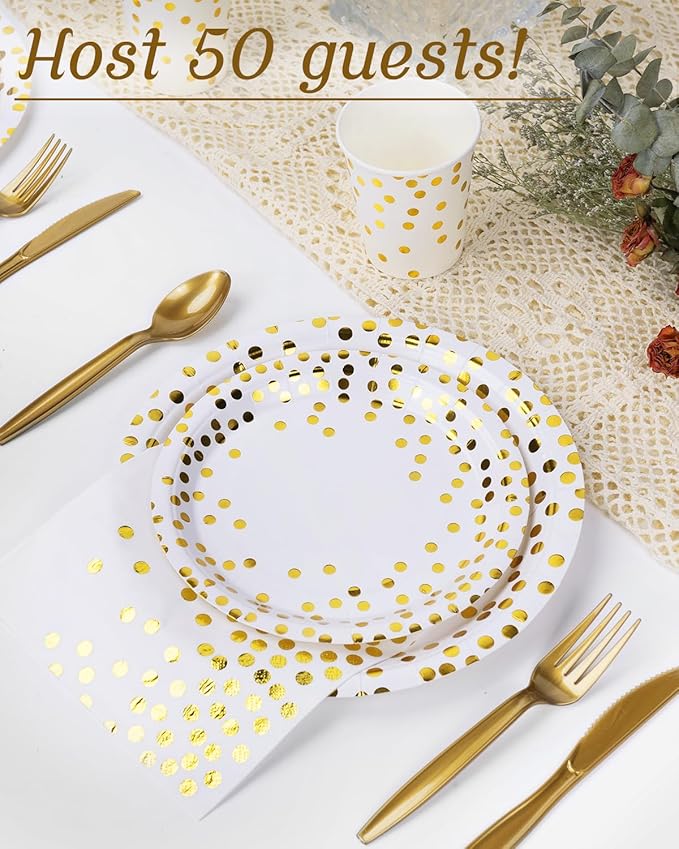 350 Pieces Party Supplies, White and Gold Dots Party Plates Cups and Napkins Sets with Plastic Knives forks spoons, Disposable Tableware Serves 50 Sets for Wedding, Birthday, Graduation, Festivals