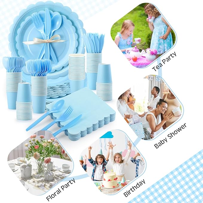 Ziliny 350 Pcs Baby Blue Plates and Napkins, 50 Guest Spring Party Supplies Include Scalloped Paper Plates Napkins Cups Plastic Spoons Forks Knives Disposable Tableware Set for Baby Shower
