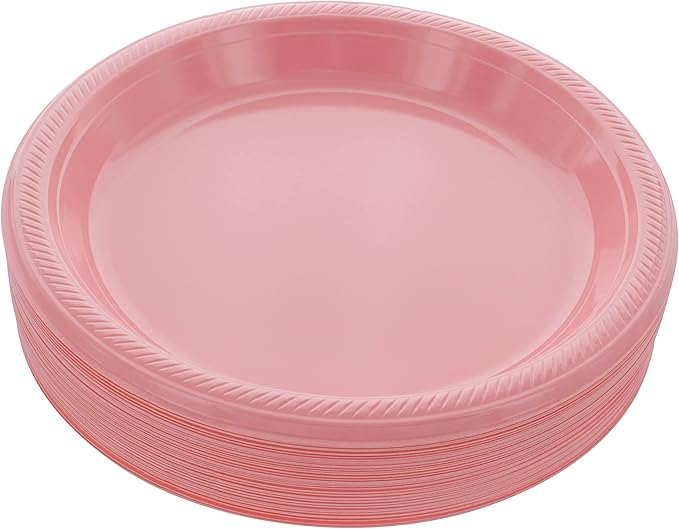 Amcrate Disposable Plastic Plates Pink, 10.4 Inches Plastic Dinner Plates, Strong and Sturdy Disposable Plates for Party, Dinner, Holiday, Picnic, or Travel Party Plates, Pack of 50