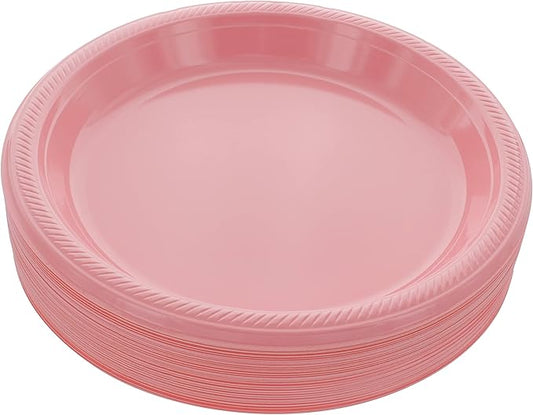 Amcrate Disposable Plastic Plates Pink, 10.4 Inches Plastic Dinner Plates, Strong and Sturdy Disposable Plates for Party, Dinner, Holiday, Picnic, or Travel Party Plates, Pack of 50