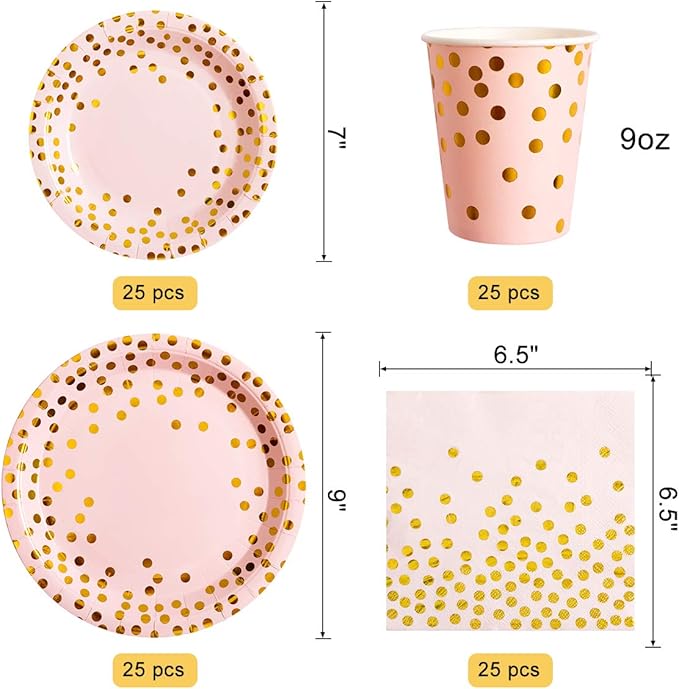 HOMIX Pink and Gold Party Supplies, Disposable 175Pcs Gold Dots on Pink Paper Plates Cups and Napkins, Gold Plastic Knives Spoons Forks for Baby Shower Wedding Party Bridal Shower Serves 25