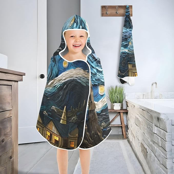 Hooded Towel for Kids Colorful Impressionist Night Sky Landscape Beach Wrap Bath Towels 50x23.5in