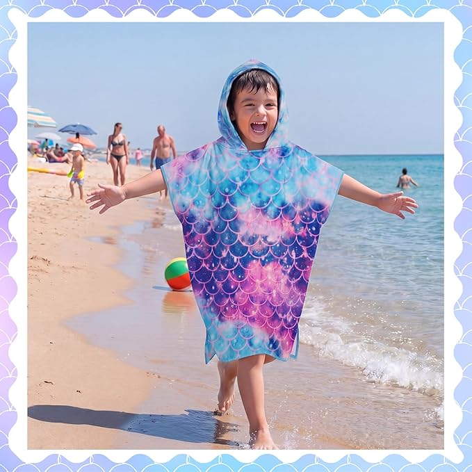 Fanfanwin Hooded Bath Towel for Girls Cotton Mermaid Bath Hooded Poncho 37.8x23.62 Inches Mermaid Poncho with Snap Buttons Hood Soft Rapid Dry for Home Swim Travel Beach Pool Under The Sea Party Gifts
