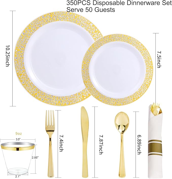 WELLIFE 100 Guests Dinnerware Sets, Gold Plastic Plates, Platos Para Fiestas Elegantes Desechables Include:100 Dinner Plates,100 Dessert Plate,400 Pcs Gold Plastic Silverware, 100 Cups for Party