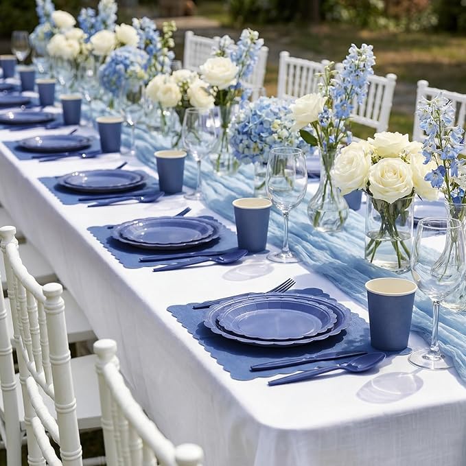 Ziliny 350 Pcs Navy Blue Plates and Napkins, 50 Guest Graduation Party Supplies Include Scalloped Paper Plates Napkins Cups Plastic Spoons Forks Knives Disposable Tableware Set for School Graduate