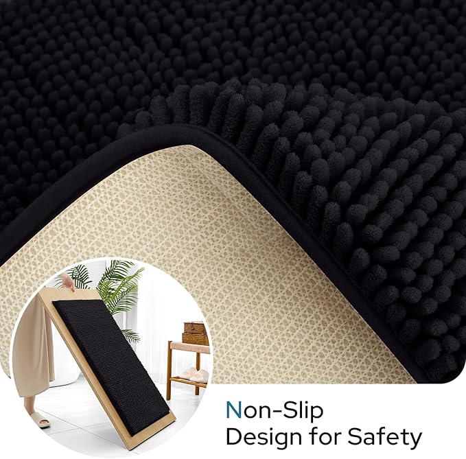 BYSURE Black Bathroom Rugs Sets 3 Piece with Toilet Lid Cover Non Slip Extra Absorbent Plush Chenille Soft Washable Bath Mats