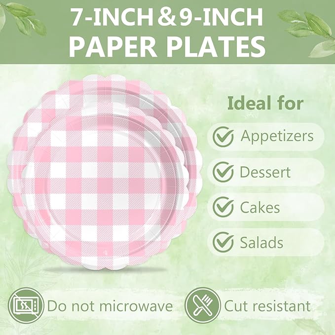 Mulbozy 100 Pink Gingham Plates and Napkins Disposable Set Includes 25-9" & 25-7" Dessert Cake Scalloped Plates, Cocktail Napkins, Forks for for Holiday Party Supplies