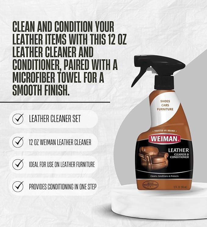3x Weiman Leather Cleaner and Conditioner 12 oz Bundle with Microfiber Auto Cleaning Cloth – Moisturizes, restores, and protects leather furniture, car interiors, and accessories – Gift Set (4 Items)