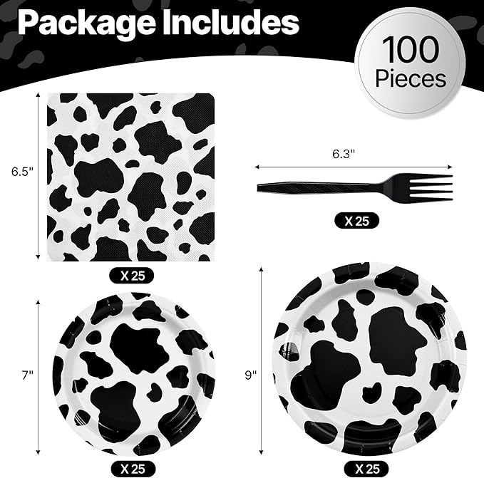 100 Pcs Cow Themed Party Supplies for 25 Guests, Heavy-Duty 7" & 9" Paper Plates, 2-Ply 13" Napkins & Plastic Forks, Disposable Cow Print Tableware Set for Farm Western Theme Party