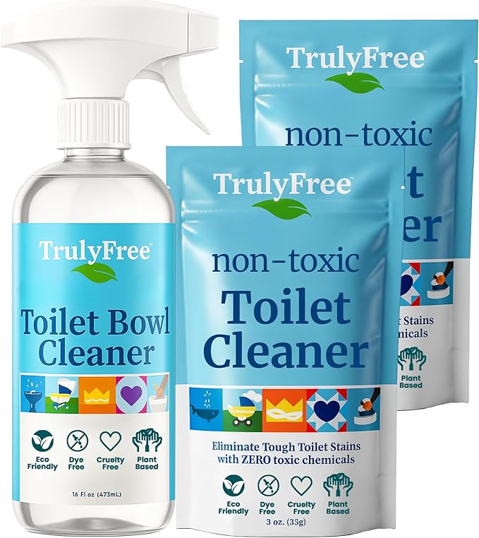Truly Free Toilet Bowl Cleaner - Heavy-Duty Stain Remover - Septic Safe, Plant-Based Formula - Fresh Peppermint Scent - 16 oz Reusable Empty Bottle + Two Fills, 3 oz ea.