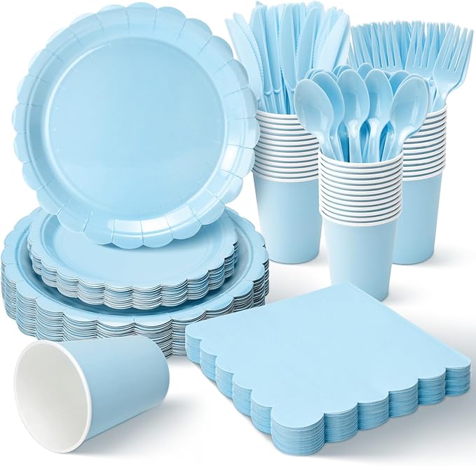 Vyntra 175 Pcs Light Blue Disposable Paper Plates and Napkins Set for 25, 9" Dinner Plates & 7" Dessert Plates, Tableware for Baby Shower, Birthday, Picnic, Party