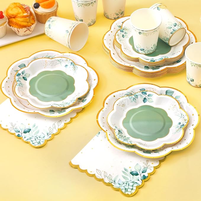 Sage Green Party Decorations, Sage Green Paper Plates and Napkins Party Supplies, Bridal Shower Plates for Birthday Baby Shower Bridal Shower Wedding Shower Baptism Garden, Serves 24