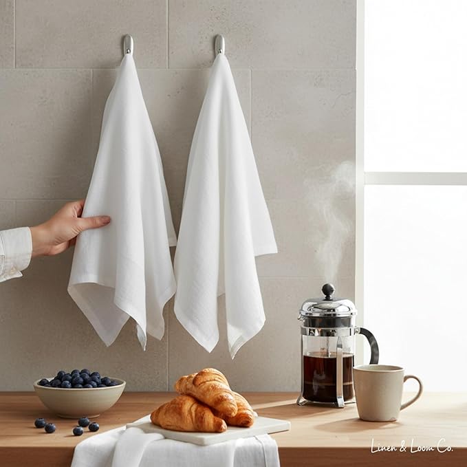 Linen Kitchen Dish Towels - 20 x 27 inch – 100% Pure Stonewashed Linen Hand Towel/Tea Towel - Set of 2 (White)
