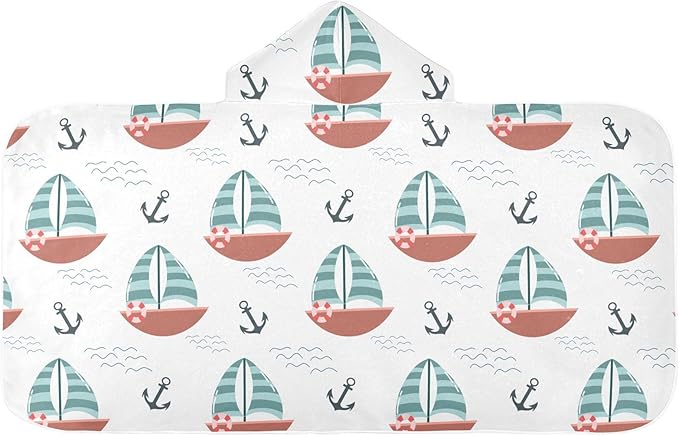 susiyo Kids Hooded Bath Towel Cute Boat Anchor Beach Towel for Kids 23.5 x 50 Inch Microfiber Soft Absorbent Quick Dry Bath Swim Pool Towel Wrap Poncho Bathrobe with Hood for Kids Toddler