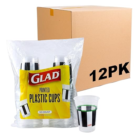 Glad Everyday Clear Plastic Cups with Referee Football Print - Sturdy Disposable Drinking Cups for Game Day, Parties, and Everyday Use, Recyclable #5 Plastic, 18 oz, 50 Count - 12 Pack