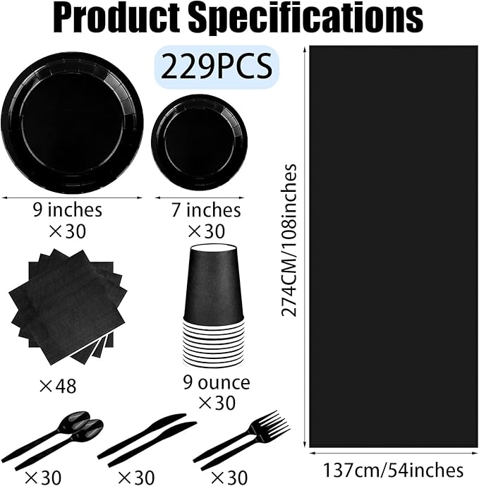 229PCS Black Party Supplies Set Paper Disposable Plates Cups Plastic Spoons Forks Knives Black Napkins for 30 Guests Disposable Party Dinnerware Sets for Wedding Birthday Parties