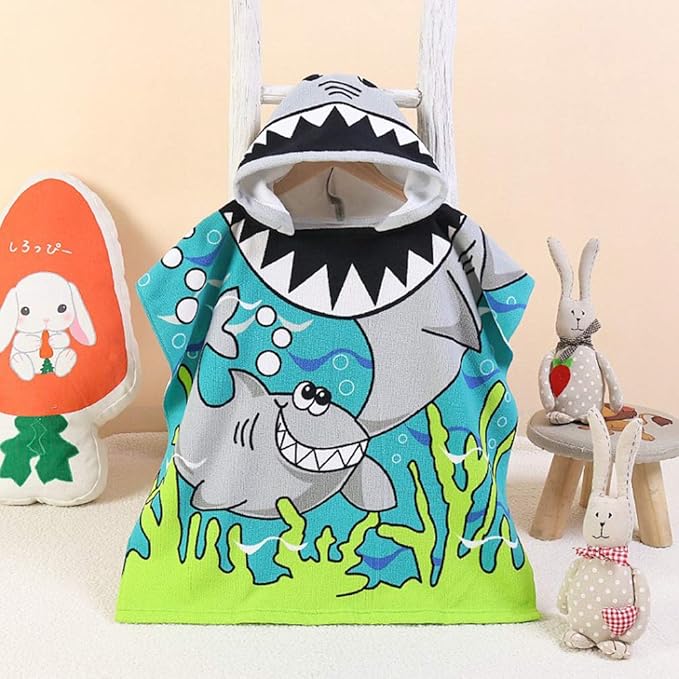 TONWHAR Soft Cotton Hooded Beach Towel Poncho for Kids Bath Pool Beach Swim Boys Girls Cartoon Cover-up Cape (Shark)
