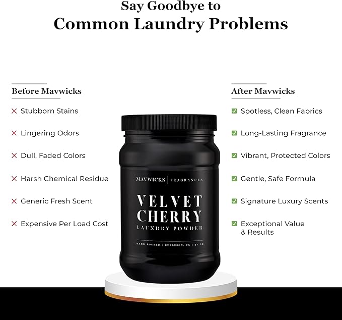 Mavwicks - Luxury Laundry Detergent Powder (Velvet Cherry) 32 Oz – Concentrated for Tough Stains and Odors, For All Washing machine types – Gentle on Fabrics