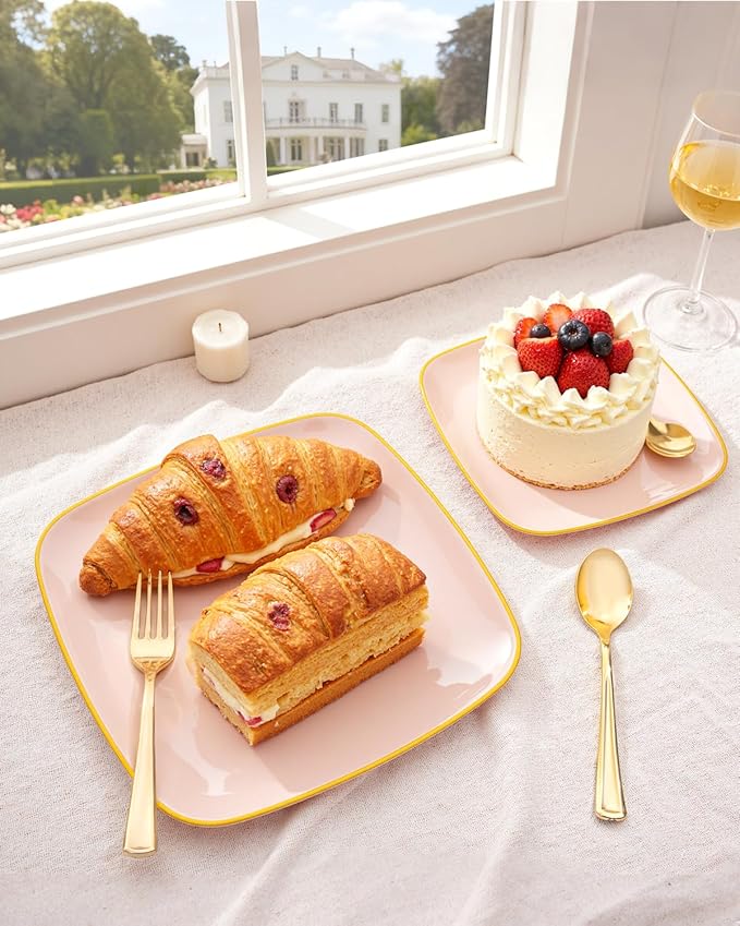 bUCLA 100PCS Pink Plastic Plates - Heavy Duty Square Pink and Gold Disposable - Include 50 Dinner 10 inch & 50 Dessert 7.25 inch Plates for Party & Weeding