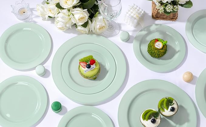 FLOWERCAT 200PCS Sage Green Plastic Plates Disposable Plates for Party - Elegant Plastic Plates - 10" &7" Plate for 100 Guests Spring Parties and Easter & Events
