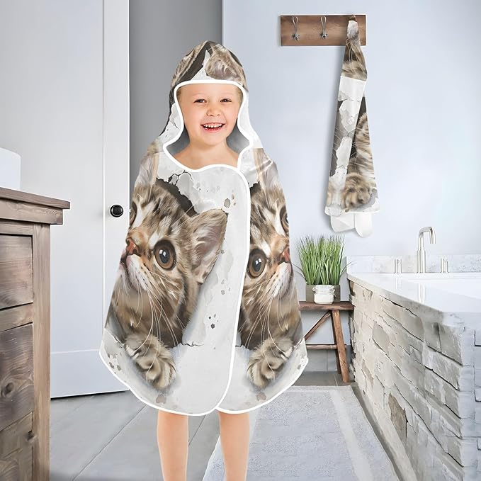 Hooded Towel for Kids Cat in Wall Beach Wrap Bath Towels 50x23.5in