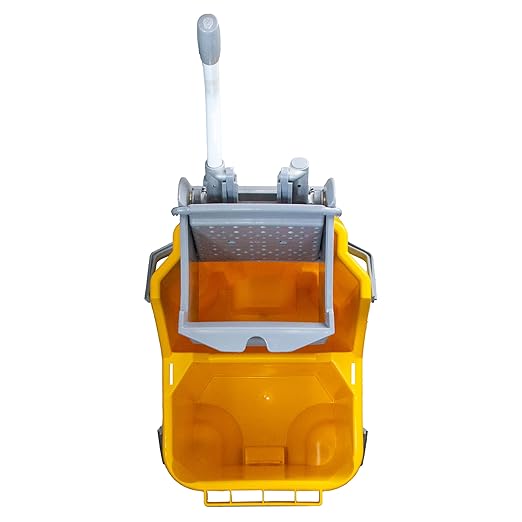 Unger Commercial 8-Gallon Dual-Compartment Mop Bucket with Side Press Wringer – Yellow, Ergonomic Design for Efficient Floor Cleaning COMBY