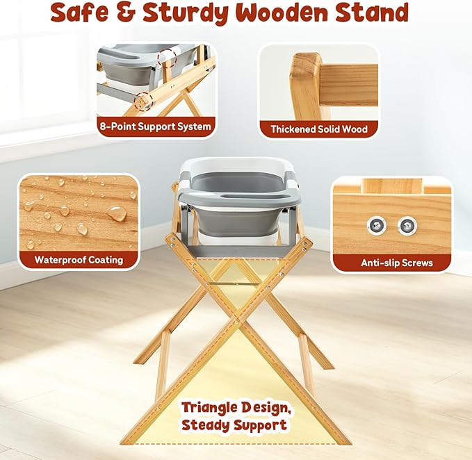 FUNLIO Wooden Baby Bathtub Stand, Foldable Baby Bath Stand for 0-24 Months, Safe & Sturdy with 8-Point Support, Durable infant Tub with Waterproof Coating, 110lbs Capacity