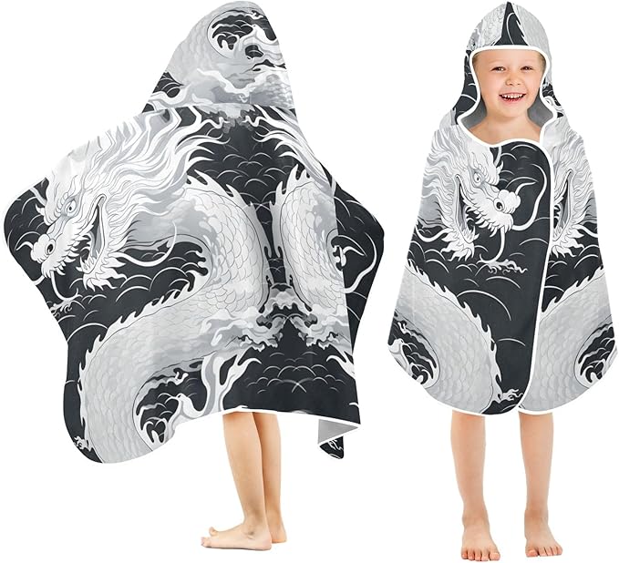 Hooded Towel for Kids Dragon in The Wave Beach Wrap Bath Towels 50x23.5in
