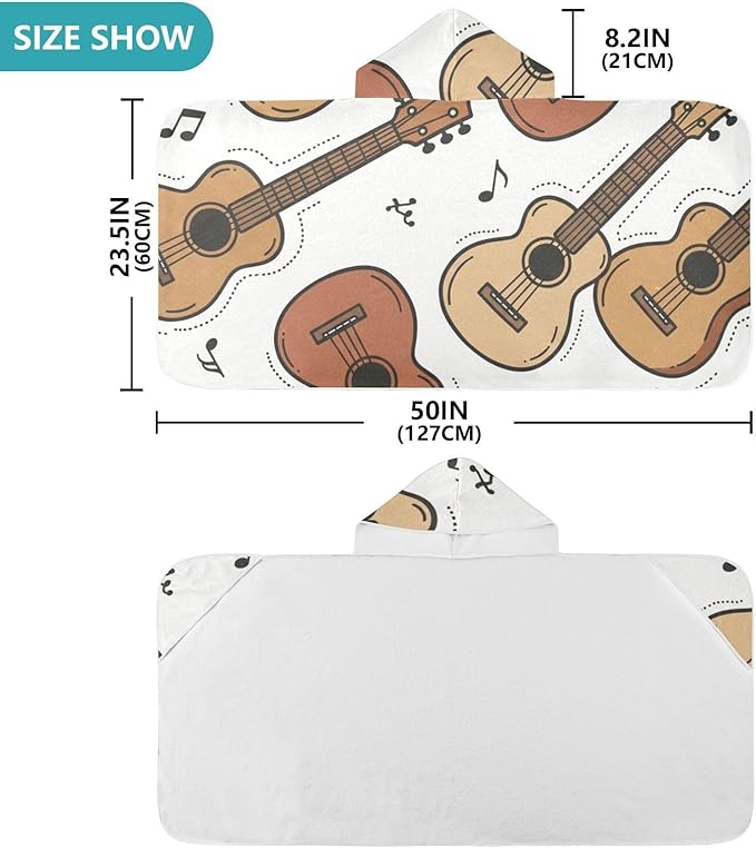 SUABO Kids' Bath Towels Music Guitars Ukuleles Hooded Towels for Boys Girls,Toddler Towels Multi-Purpose for Beach,Pool and Bathroom,23.5" x 50", Soft and Highly Absorbent