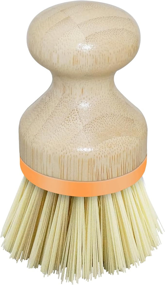 OGGI Natural Bamboo Dish Brush - Round Palm Dish Brush, Non-Scratch, Odorless Nylon Bristles, Durable Scrub Brush for Grease & Grime, Safe Cleaning Brush for Non-Stick Cookware - Orange Accent Color