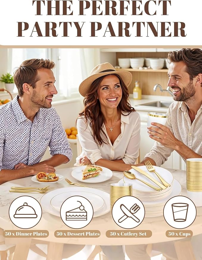 WDF 300Pcs White and Gold Plastic Plates - Gold Plates Disposable - 50 Guest Disposable Dinnerware Include 50 Dinner Plate 50 Dessert Plate 50 Cutlery 50 9oz Cups for Wedding/Birthday/Party