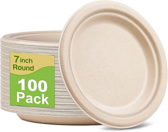 Small Paper Plates 100 Pack, 7 inch Paper Dessert Plates, 100% Compostable Biodegradable Eco Friendly Plates, Disposable Brown Paper Plates Bulk