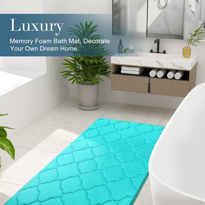 OLANLY Memory Foam Bath Mat Rug 70x24, Ultra Soft and Absorbent Bathroom Rugs, Non-Slip, Comfortable, Machine Washable Bath Carpet for Bathroom Floor, Tub, Shower and Home Decor Accessories, Teal