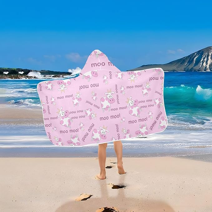 susiyo Kids Hooded Bath Towel Cow Cartoon Pink Beach Towel for Kids 23.5 x 50 Inch Microfiber Soft Absorbent Quick Dry Bath Swim Pool Towel Wrap Poncho Bathrobe with Hood for Kids Toddler