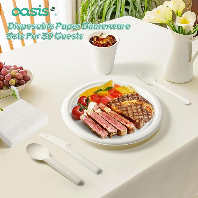 350PCS Disposable Paper Dinnerware Set for 50 Guests, Compostable 50 Dessert Plates, 50 9 inch Plates, 50 Cups, 50 Spoons, 50 Forks, 50 Knives and 50 Napkins, Perfect for Parties(White)