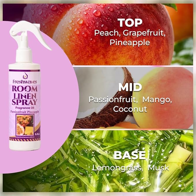 Freshwaves Room & Linen Spray | Passionfruit Pineapple Fragrance Oil | 8.8oz Air Freshener | Odor Eliminator | Room Spray for Living Room, Bedroom, Bathroom & Office | White Trigger Bottle